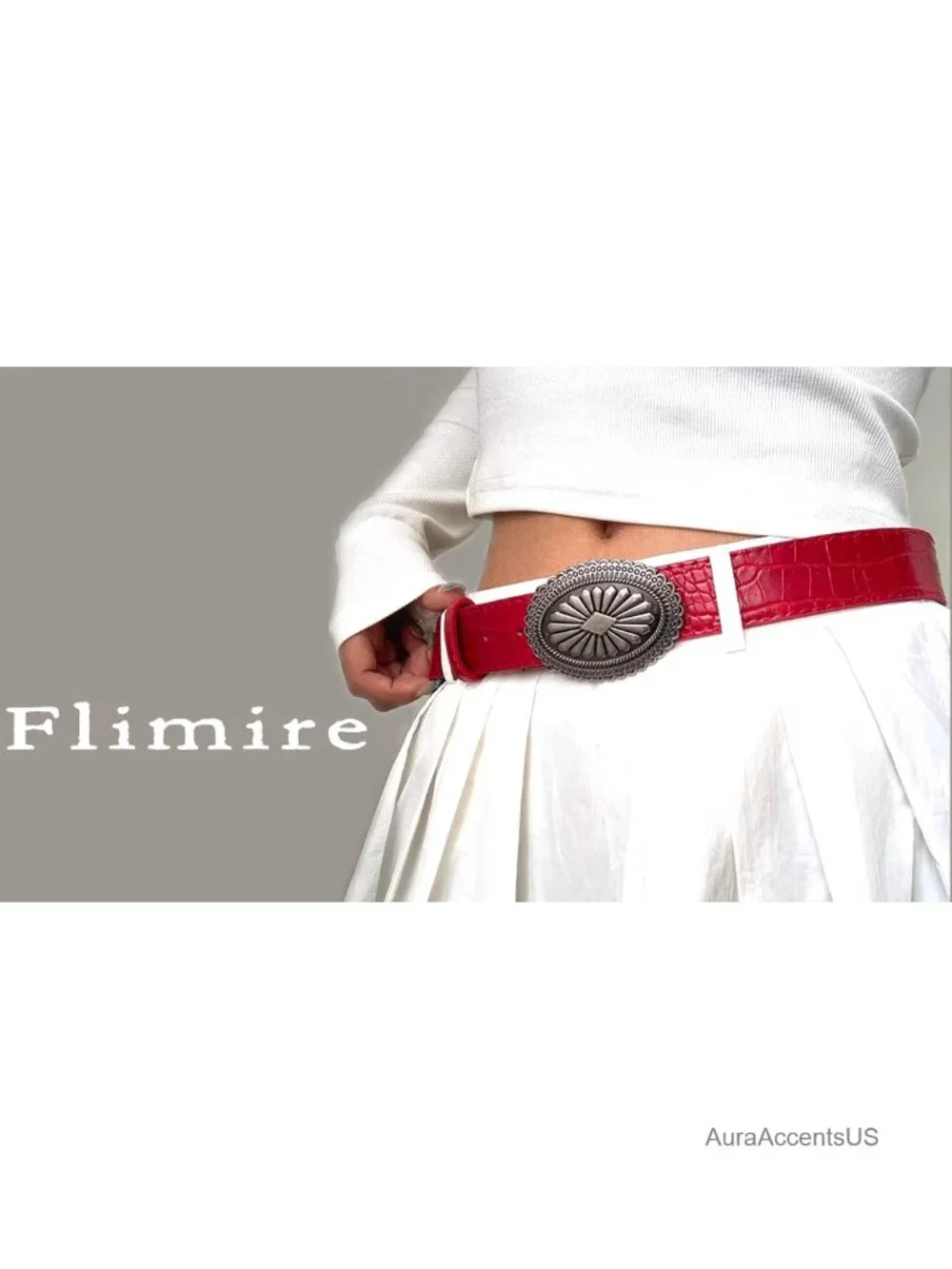 Faux Leather Red Western Belt with Floral Buckle for Women